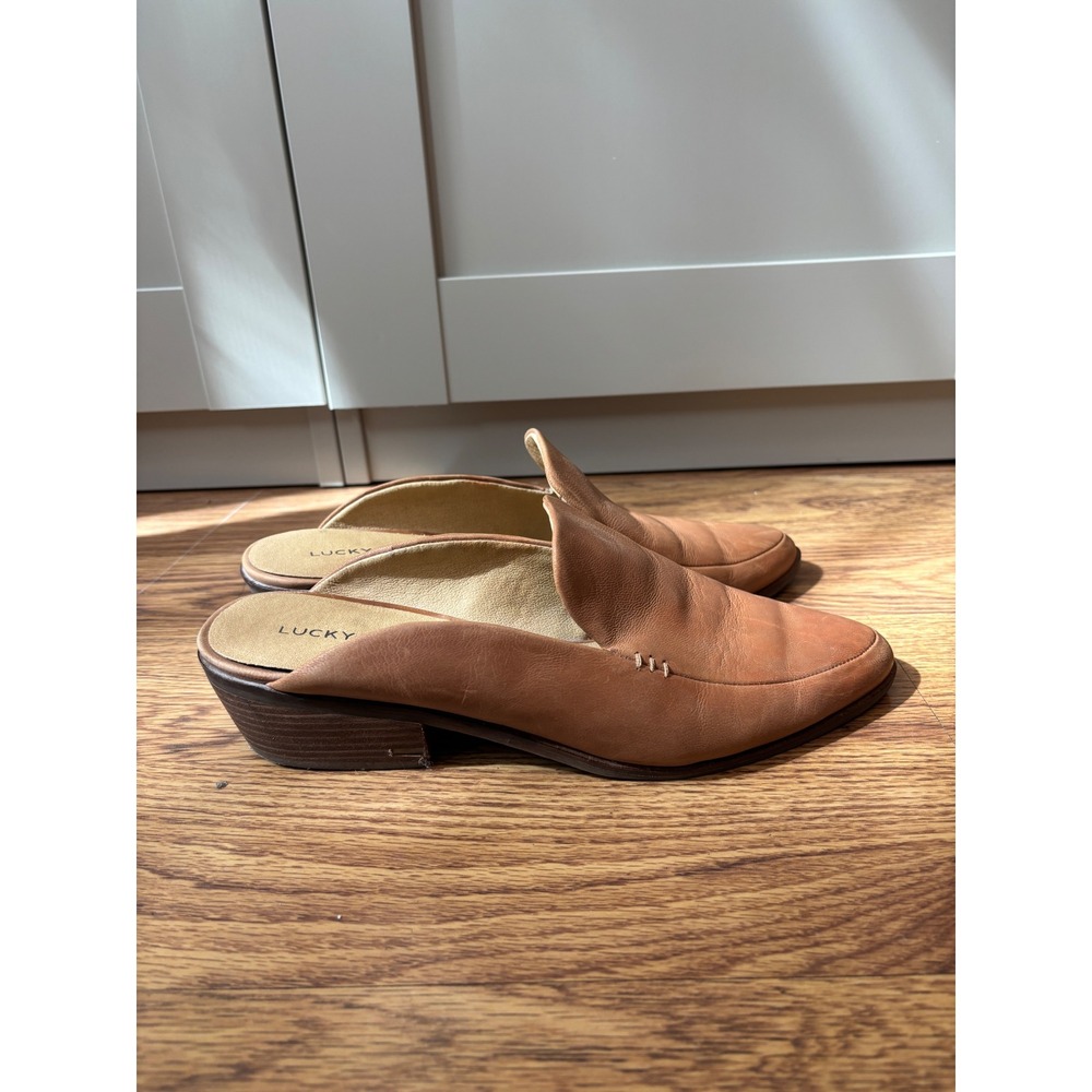 Lucky Brand Margorete Tan Leather Pointed Toe Mules Size 10M Cognac Slip On Shoe - Picture 2 of 5